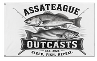 A mockup of the custom flag 'Assateague Outlaws flag' on a white background