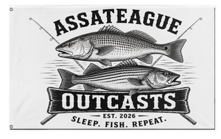 A mockup of the custom flag 'Assateague Outlaws flag' on a white background