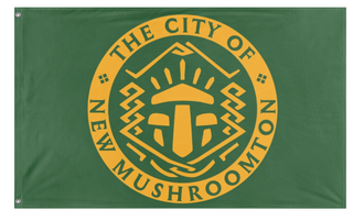 A mockup of the custom flag 'New Mushroomton flag' on a white background