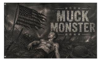 A mockup of the custom flag 'Muck monster flag' on a white background