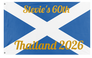 A mockup of the custom flag 'Stevie's 60th flag' on a white background
