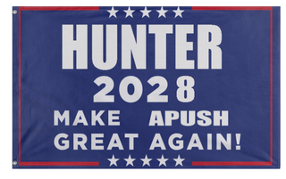 A mockup of the custom flag 'Hunter 2028 flag' on a white background
