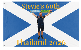 A mockup of the custom flag 'Stevie's 60th flag' on a white background