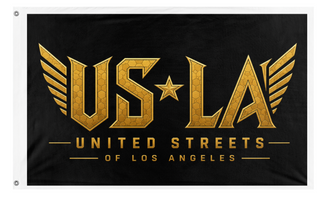 A mockup of the custom flag 'USofLA flag' on a white background