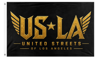 A mockup of the custom flag 'USofLA flag' on a white background