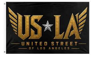 A mockup of the custom flag 'USofLA flag' on a white background