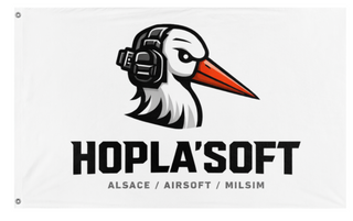 A mockup of the custom flag 'HOPLA'SOFT flag' on a white background