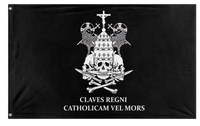 A mockup of the custom flag 'Catholicam vel mors flag' on a white background