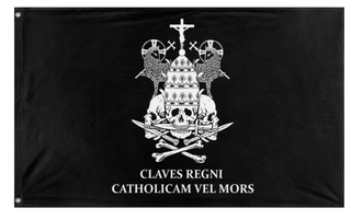 A mockup of the custom flag 'Catholicam vel mors flag' on a white background