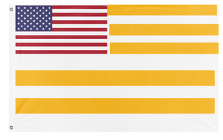A mockup of the custom flag 'Orange Free state, but with the American flag in the corner to place the France flag and five yellow stripes' on a white background