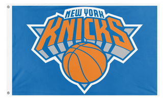 A mockup of the custom flag 'Knicks flag' on a white background