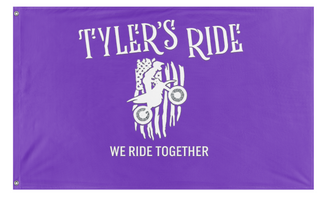 A mockup of the custom flag 'Tyler's Ride' on a white background