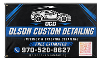 A mockup of the custom flag 'OlsonCustomDetailing flag' on a white background