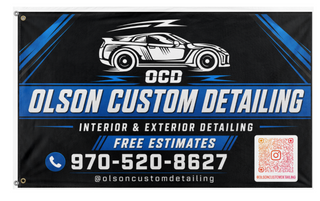 A mockup of the custom flag 'OlsonCustomDetailing flag' on a white background