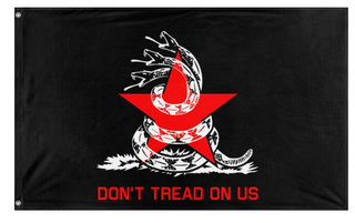 A mockup of the custom flag 'Libertarian Socialist Gadsden flag' on a white background