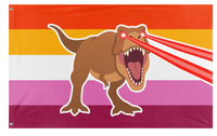 A mockup of the custom flag 'Lesbian Laser T-Rex Pride flag' on a white background