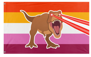 A mockup of the custom flag 'Lesbian Laser T-Rex Pride flag' on a white background