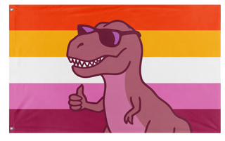 A mockup of the custom flag 'Lesbian Dinosaur Pride flag' on a white background