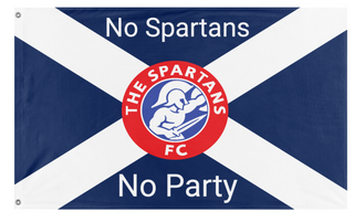 A mockup of the custom flag 'NoSpartansNoParty flag' on a white background