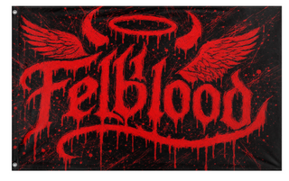 A mockup of the custom flag 'Felblood band logo wallflag flag' on a white background