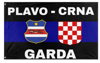 A mockup of the custom flag 'Plavo-Crna Garda flag' on a white background