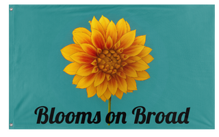 A mockup of the custom flag 'Blooms On Broad flag' on a white background