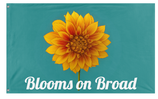 A mockup of the custom flag 'Blooms on Broad flag' on a white background