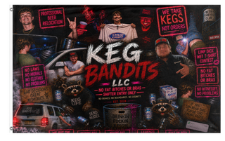 A mockup of the custom flag 'Keg bandits flag' on a white background