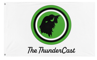 A mockup of the custom flag 'ThunderCast White flag' on a white background