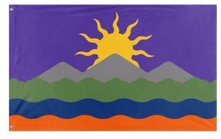 A mockup of the custom flag 'Sun Over Mountains flag' on a white background