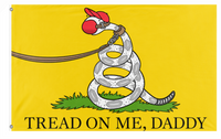 A mockup of the custom flag 'Tread On Me, Daddy flag' on a white background