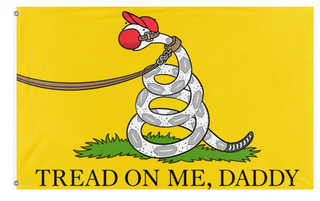 A mockup of the custom flag 'Tread On Me, Daddy flag' on a white background