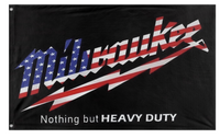 A mockup of the custom flag 'Milwaukee stars and stripesbilldozer flag' on a white background