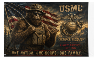 A mockup of the custom flag 'USMC Bigfoot flag' on a white background