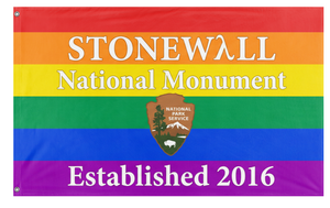 A mockup of the custom flag 'Stonewall National Monument Flag' on a white background