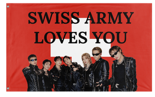 A mockup of the custom flag 'Swiss BTS Flag' on a white background