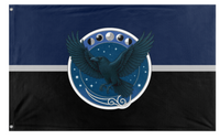 A mockup of the custom flag 'Raven's Hollow flag' on a white background