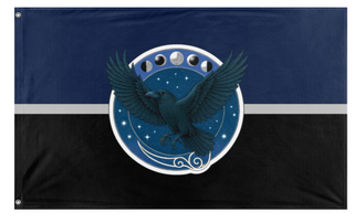 A mockup of the custom flag 'Raven's Hollow flag' on a white background