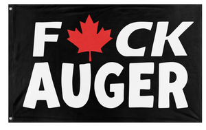 A mockup of the custom flag 'Fuck Auger flag' on a white background