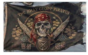 A mockup of the custom flag 'The jolly Geopp Pirates flag' on a white background