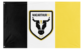 A mockup of the custom flag 'Macarthur FC Bullpen flag' on a white background
