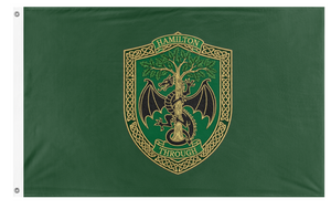 A mockup of the custom flag 'Hamilton family Crest flag' on a white background