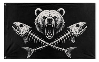 A mockup of the custom flag 'Bear and bones  flag' on a white background