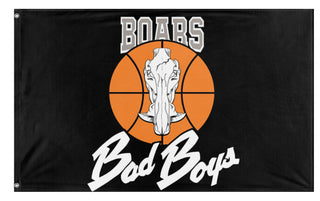 A mockup of the custom flag 'Black Boars bad boys flag' on a white background