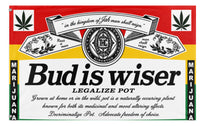 A mockup of the custom flag 'Bud is wiser flag' on a white background