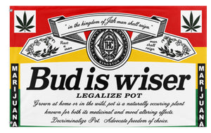 A mockup of the custom flag 'Bud is wiser flag' on a white background