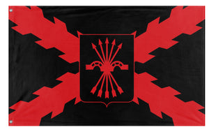 A mockup of the custom flag 'Burgundy Cross Falangist flag' on a white background