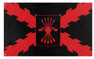 A mockup of the custom flag 'Burgundy Cross Falangist flag' on a white background