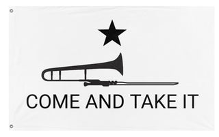 A mockup of the custom flag 'Come and take it Trombone flag' on a white background