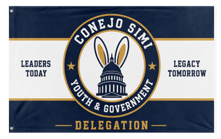 A mockup of the custom flag 'Conejo simi flag' on a white background